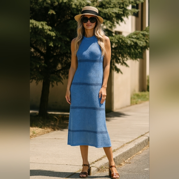 Elegant Blue Sleeveless Knit Dress - Picture 1 of 3